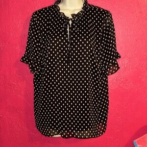 Cece romantic, feminine black with pink polka dots sheer blouse. Sz XL.